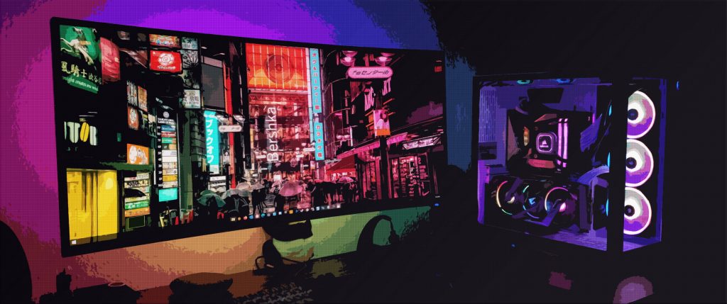 Cyberpunk neon Tokyo street on ultrawide monitor with glowing RGB PC in rainbow setup Wallpaper