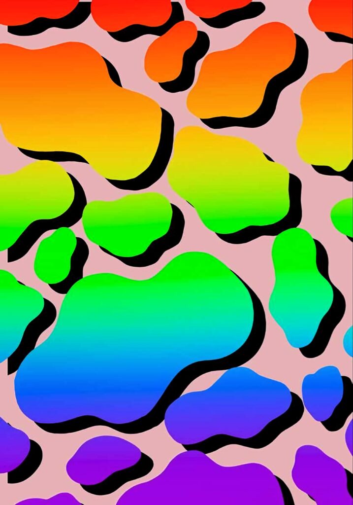 Playful cow print wallpaper with vibrant rainbow gradient spots on soft pink background