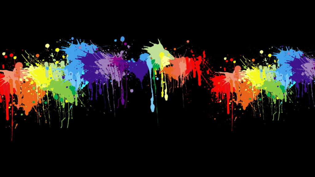 Abstract wallpaper with vibrant rainbow paint splatters on black background high contrast digital art