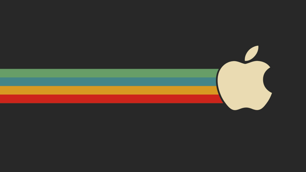Minimalist Apple logo wallpaper with cream icon and retro horizontal stripes on dark gray background