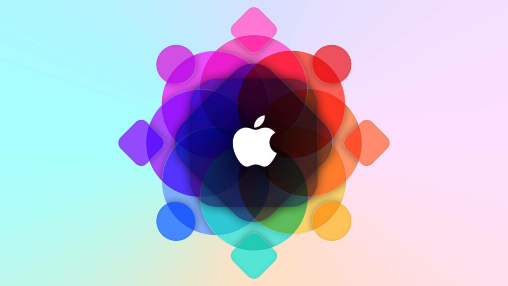 Vibrant Apple logo with translucent rainbow floral design on soft gradient digital wallpaper background