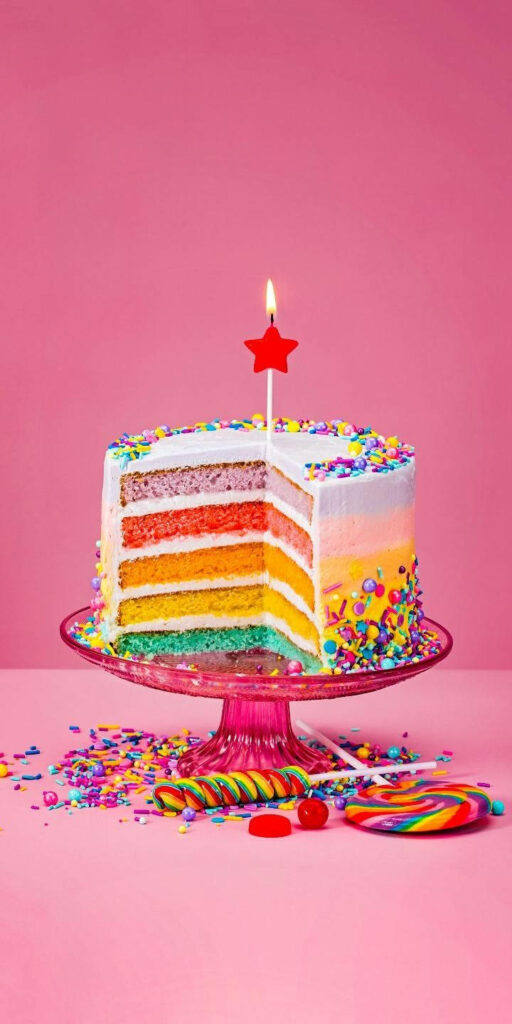 Rainbow sprinkles layered cake with star candle on bold pink background festive wallpaper
