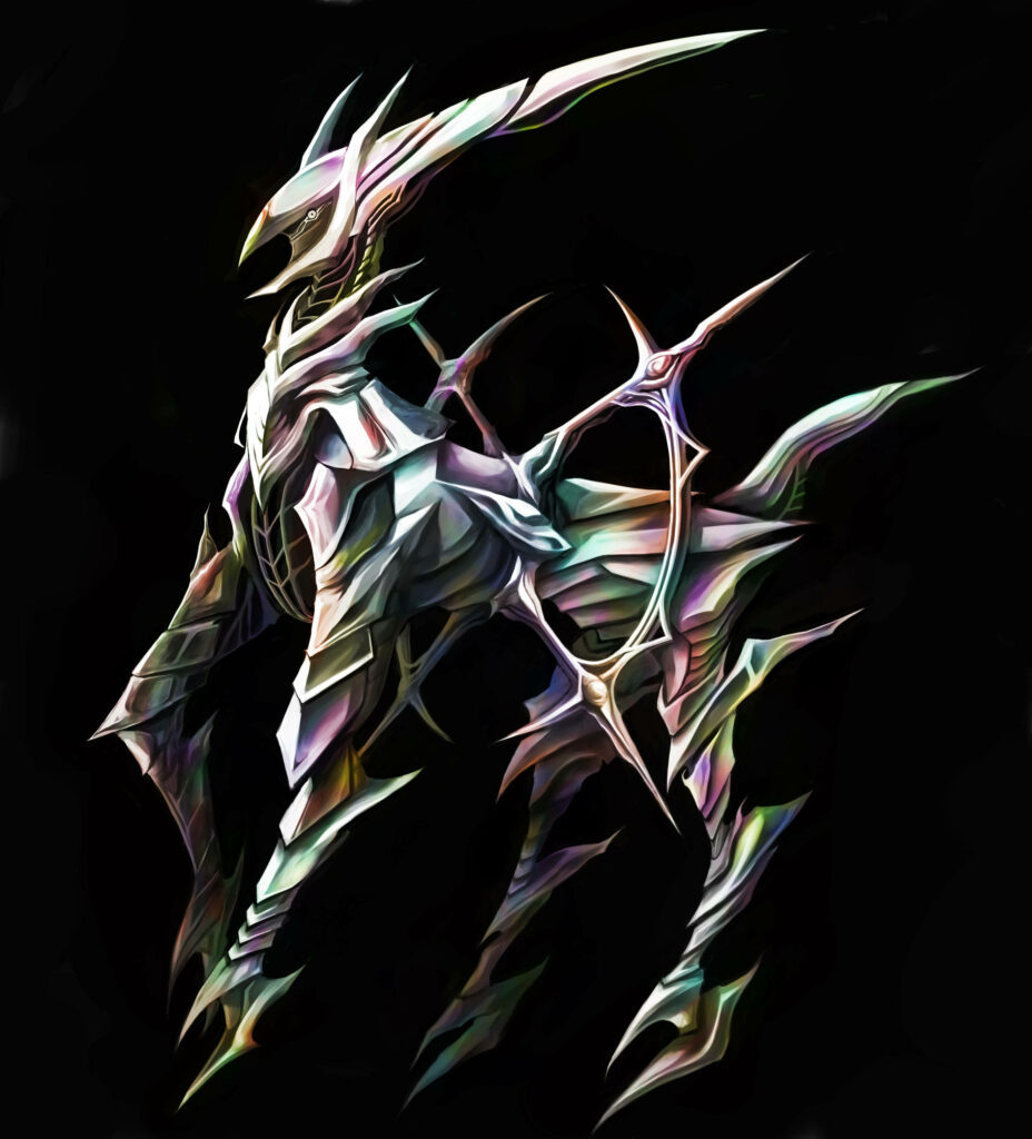 Rainbow Steel Arceus wallpaper with gleaming metallic body and iridescent rainbow hues on dark background