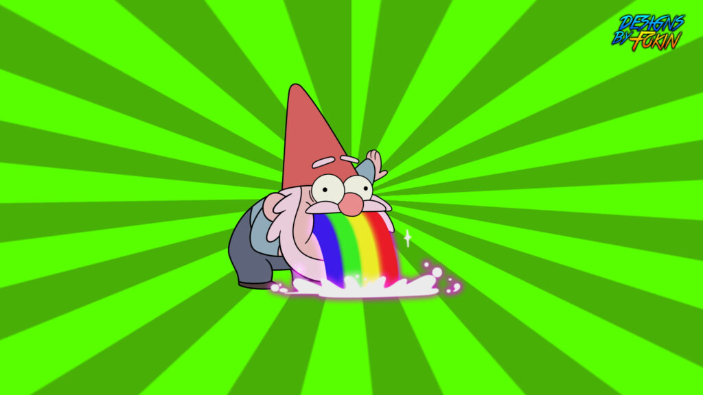 Rainbow Regurgitation: A Nauseous Gnome's Colorful Upchuck Wallpaper