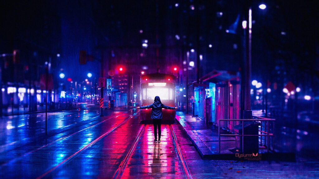 Nightscape Symphony: Rain-kissed Tram glides through Neon City Wallpaper