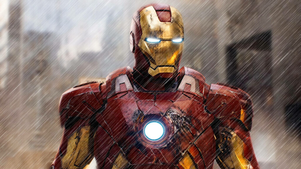 Iron Man battle-worn Mark VII armor in rainstorm glowing Arc Reactor cinematic wallpaper