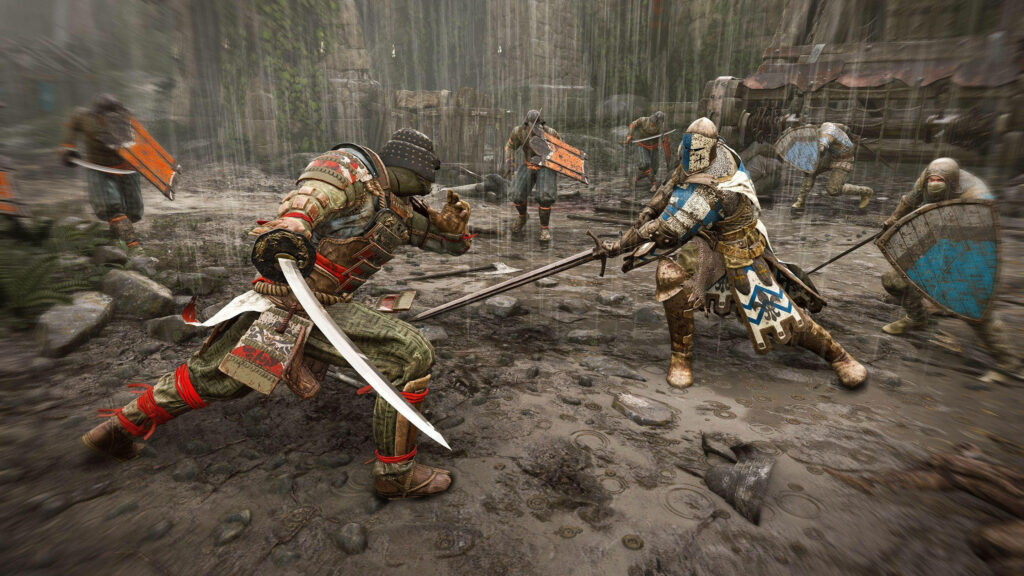 Epic Clash: Orochi and Warden Engage in a Rainy For Honor Showdown Wallpaper