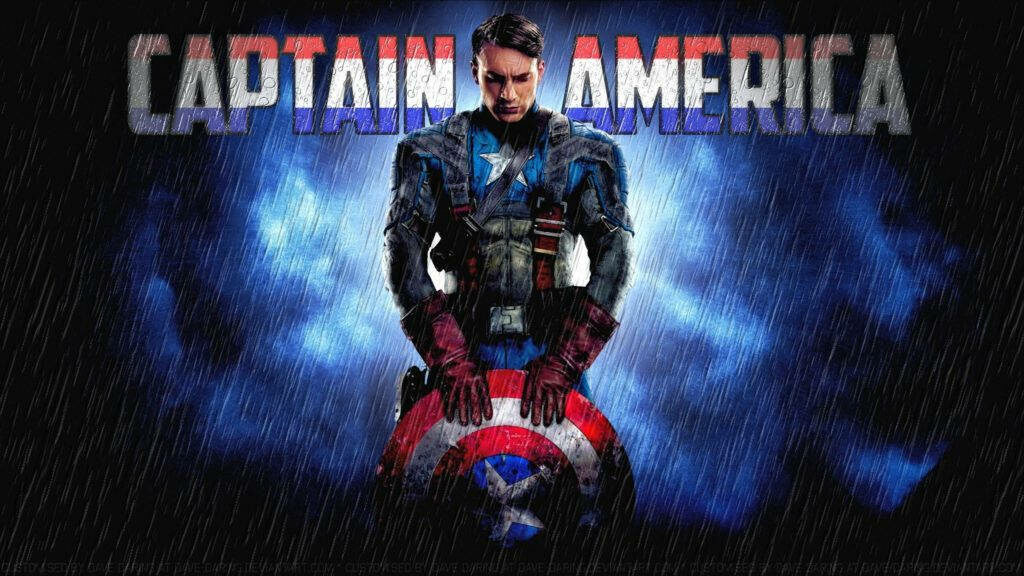 Protector of Freedom: Captain America Amidst the Raindrops, Shield in Hand Wallpaper