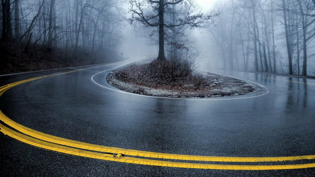 Rainy Road Reflections: HD Wallpaper Capturing a Slippery Turn