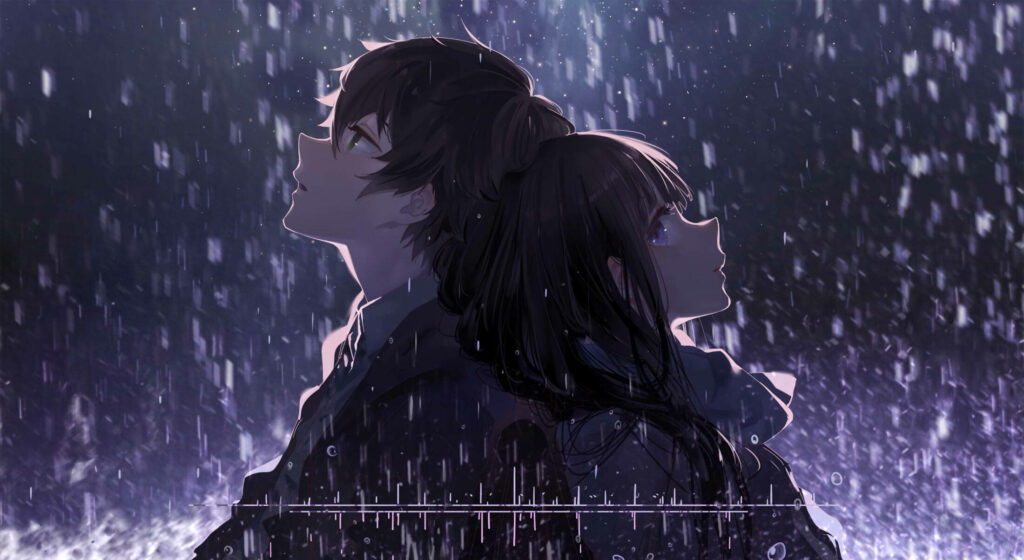 Rainy Romance: Hyouko's Aesthetic Anime Couple in Back-to-Back Pose Wallpaper
