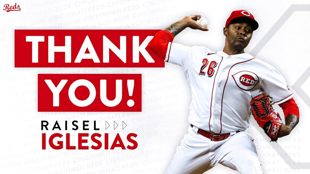 Cincinnati Reds pitcher Raisel Iglesias pitching action white background bold red text wallpaper