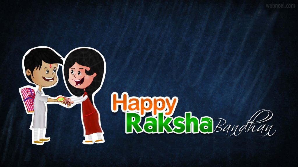 Raksha Bandhan cartoon wallpaper sister tying Rakhi on brother with gift dark blue background