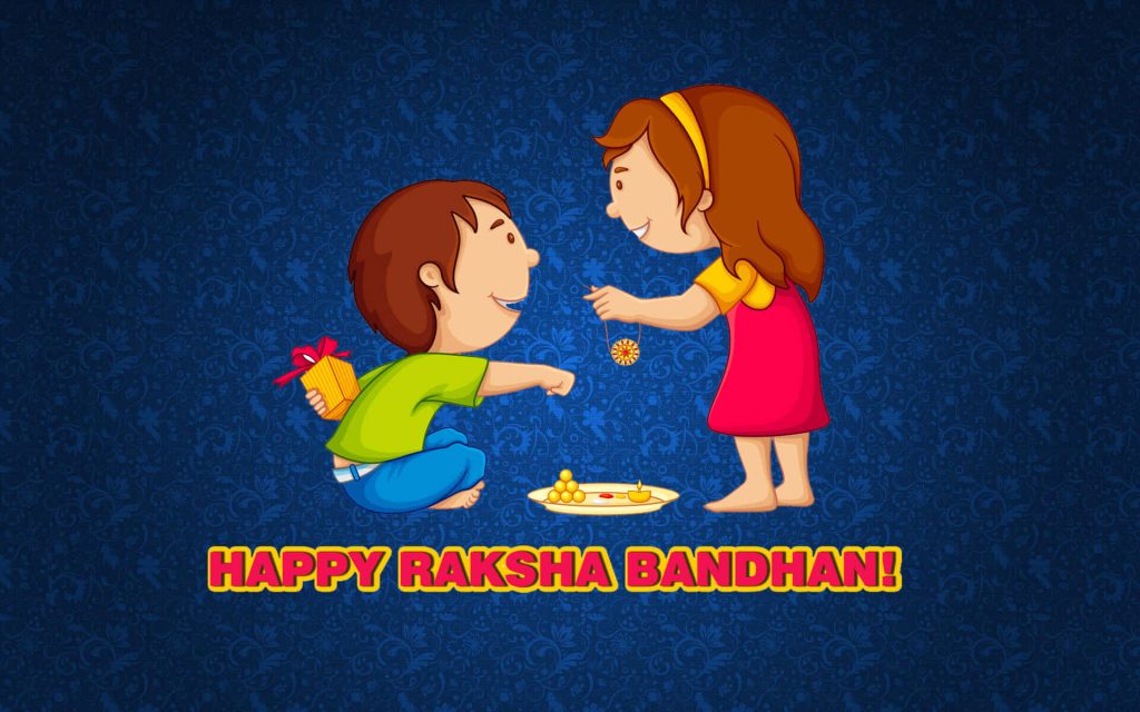Raksha Bandhan cartoon of sister tying Rakhi to brother with gift and sweets on blue floral background Wallpaper