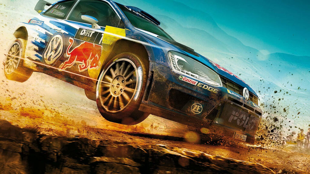 Intense Dirt Rally Race: Speeding Car Kicking Up Dust - Exciting Racing Background Wallpaper