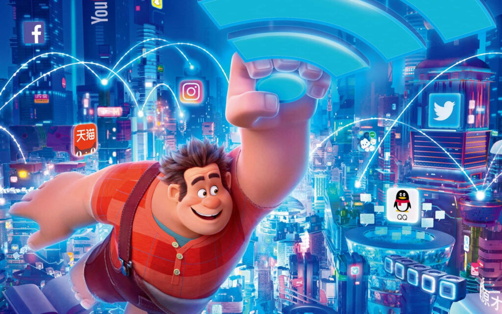 Ralph Breaks The Internet Wallpaper: Ralph Soaring in Digital City