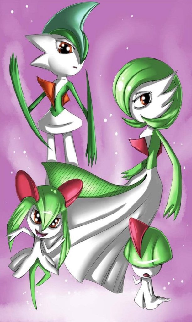 Ralts evolutionary line digital wallpaper with Gardevoir Gallade Kirlia and Ralts on purple background