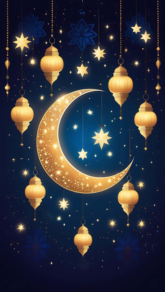 Ramadan Kareem wallpaper with golden crescent moon lanterns and glowing stars on blue background