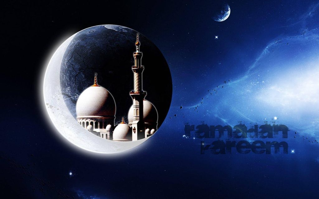 Ramadan Kareem wallpaper with Sheikh Zayed Grand Mosque inside glowing moon on deep blue sky