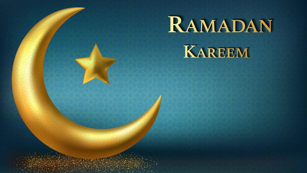 Elegant Ramadan wallpaper with glowing crescent moon star and gold Islamic patterns background
