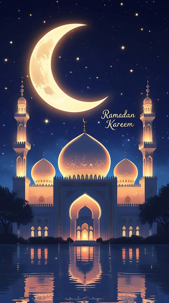 Glowing mosque reflected on water with crescent moon Ramadan Kareem digital art wallpaper