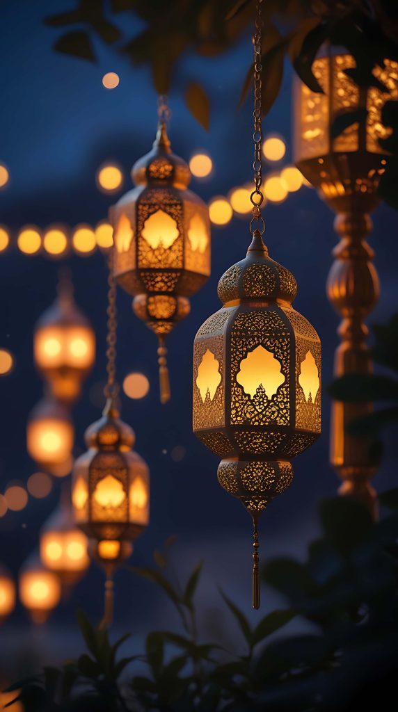 Ramadan smartphone wallpaper with glowing gold lanterns and soft bokeh lights on indigo sky