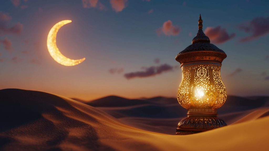 Ramadan lantern glowing on desert dunes beneath crescent moon at peaceful dusk wallpaper background