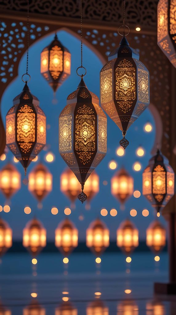 Ramadan wallpaper with glowing lanterns and deep blue serene Islamic architecture background