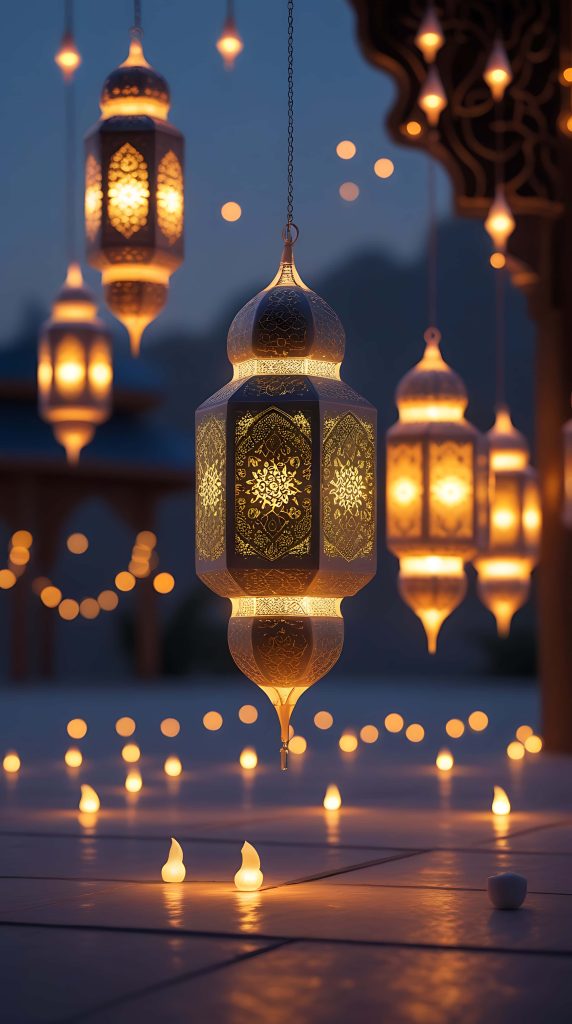 Ramadan smartphone wallpaper with glowing lanterns and warm bokeh on deep blue background