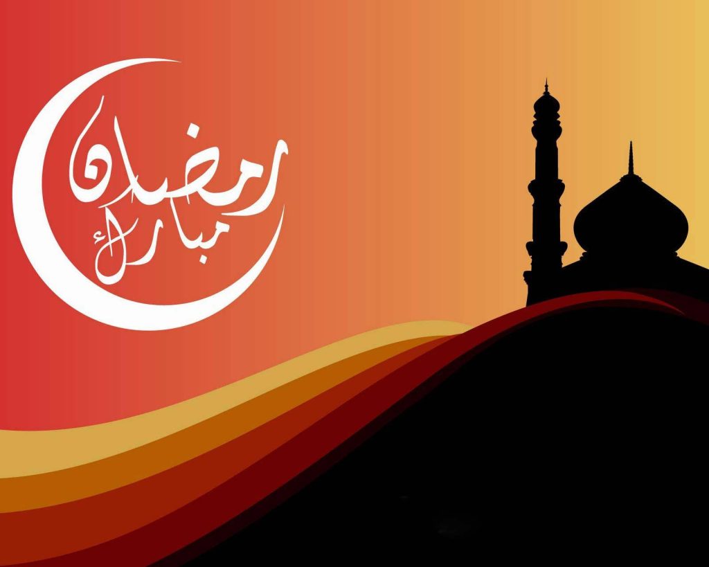 Minimalist Ramadan wallpaper with mosque silhouette crescent moon and Ramadan Mubarak calligraphy