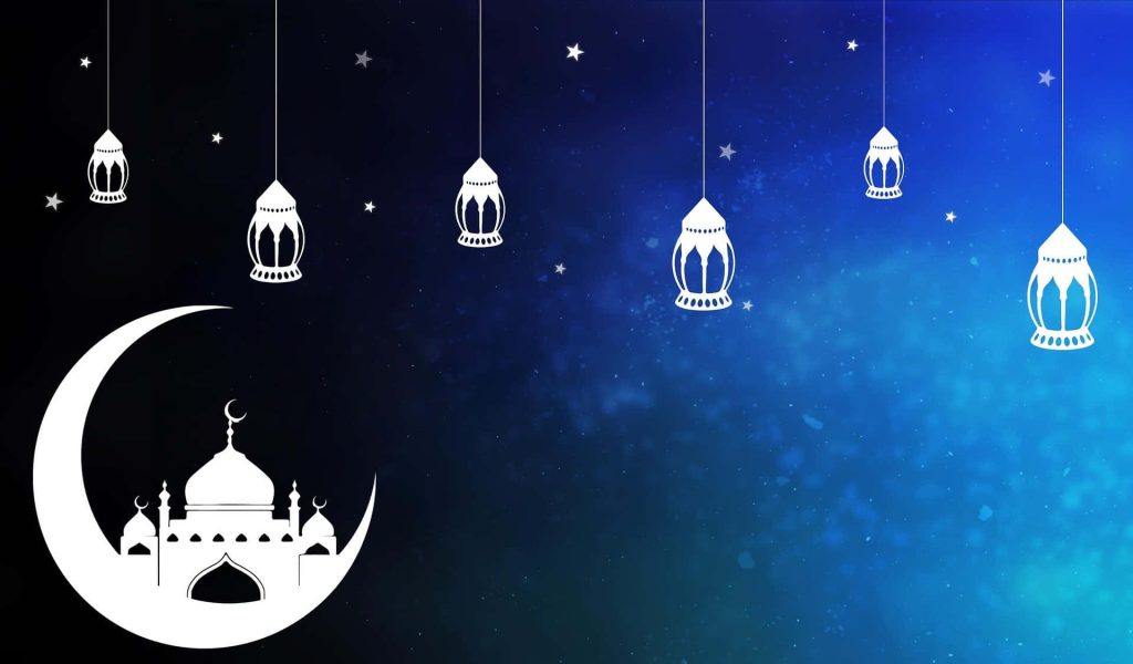 Ramadan wallpaper with white mosque silhouette inside crescent moon and hanging lanterns on blue background