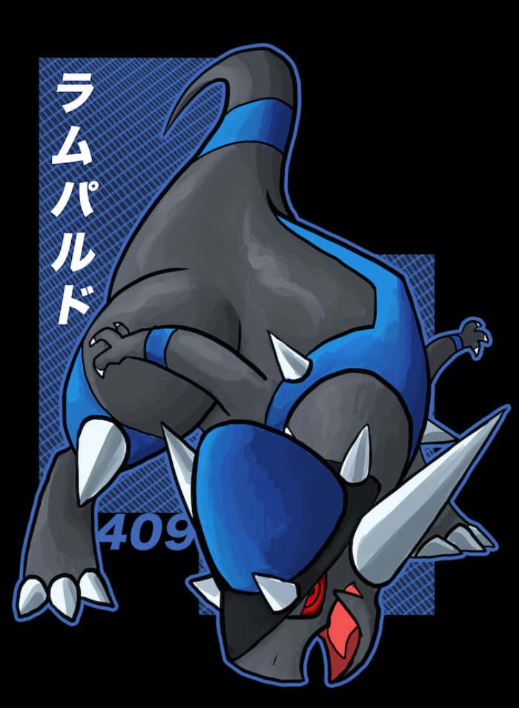 Rampardos Pokémon aggressive screeching pose blue grid background Japanese text wallpaper