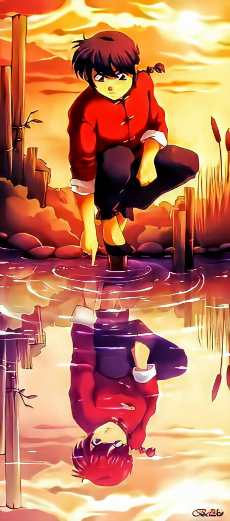Ranma Saotome anime wallpaper sunset pond reflection vibrant AMOLED background art