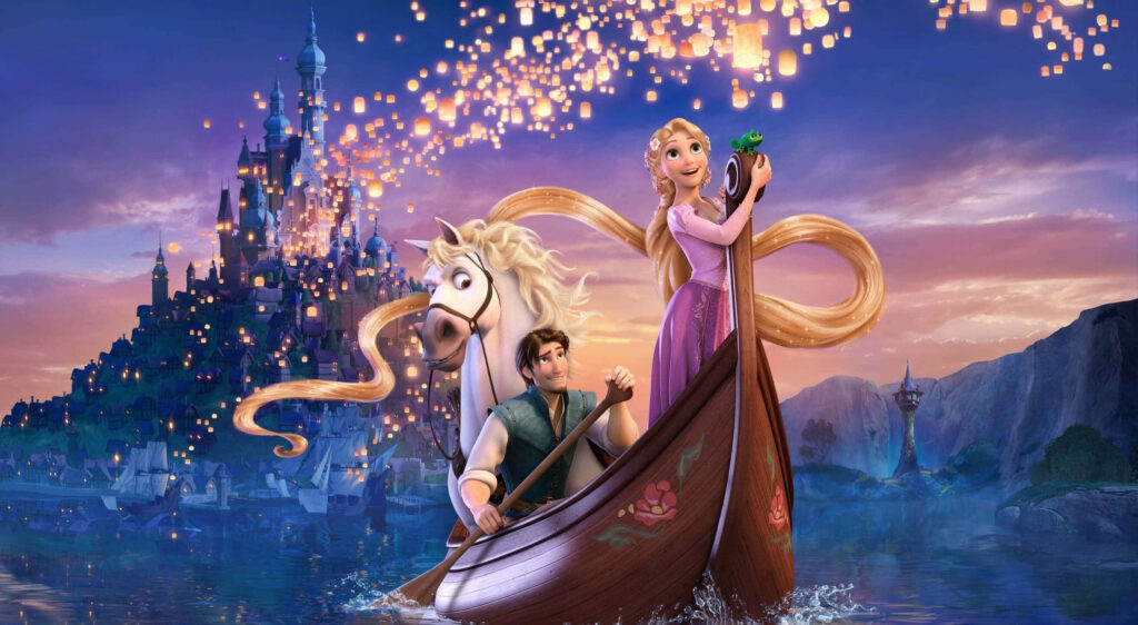 Rapunzel & Flynn Rider: Magical Boat Moment with Lanterns - Wallpaper
