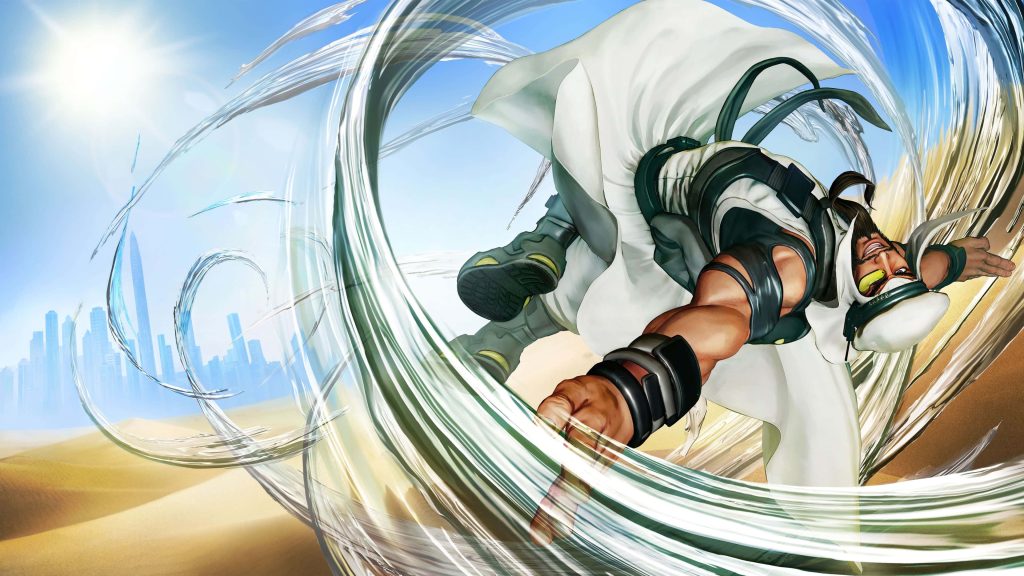 Rashid Street Fighter mid-attack with swirling wind vortex desert and futuristic cityscape wallpaper