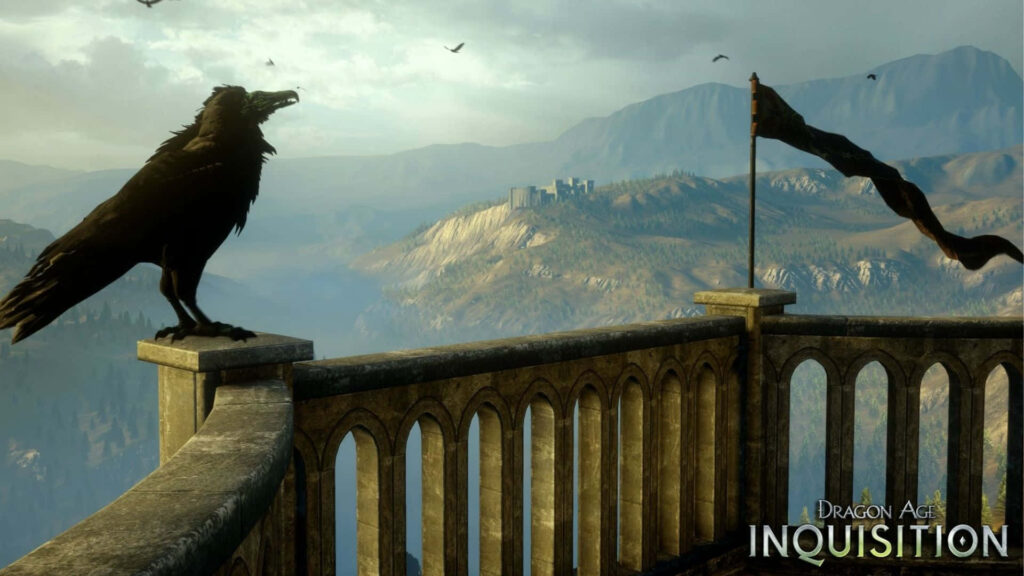 Majestic Guardian: A Raven's Watch over the Dragon Age Inquisition Realm Wallpaper