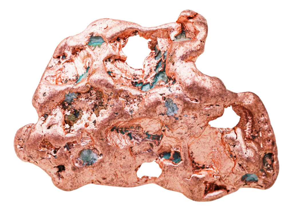 Close-up of raw copper nugget wallpaper with metallic sheen rough texture and turquoise oxidation