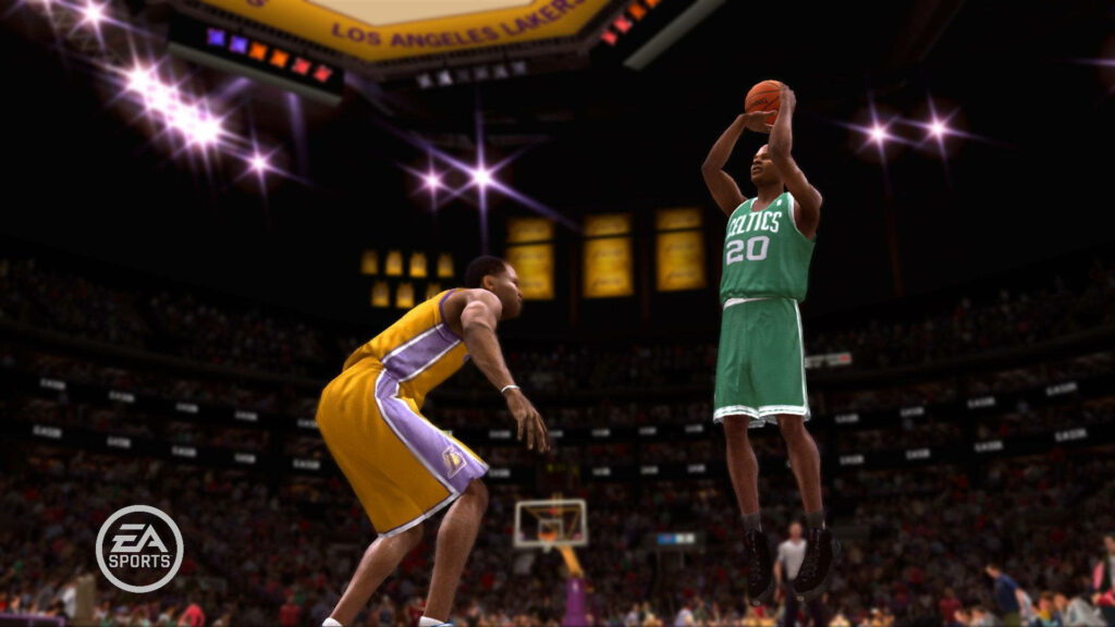 Ray Allen 2011 NBA three-point shot Celtics vs Lakers detailed arena vibrant uniforms wallpaper