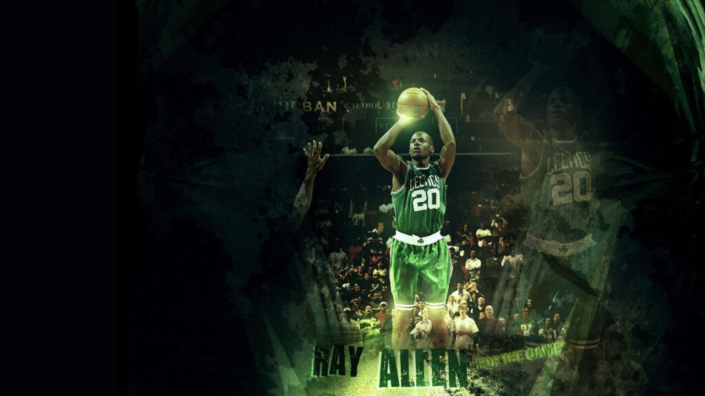 Ray Allen Boston Celtics mid-jump shot wallpaper glowing effects dark green artistic background