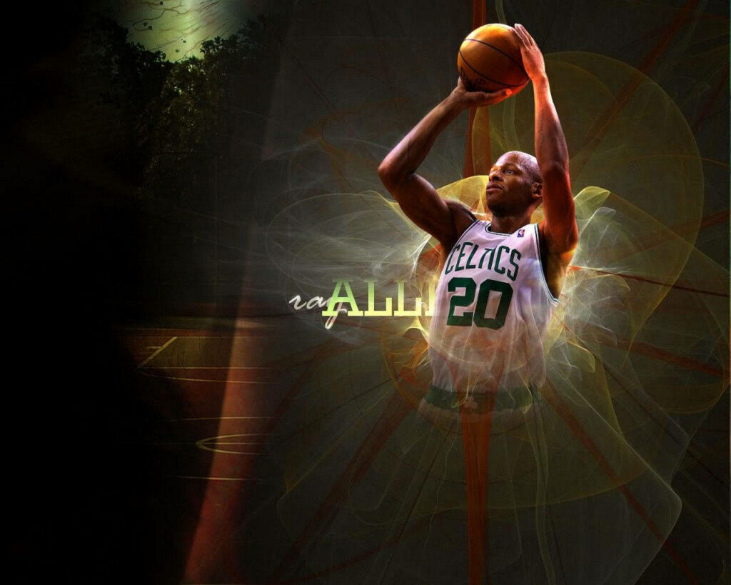 Ray Allen Boston Celtics three-point shot wallpaper green jersey dynamic basketball action