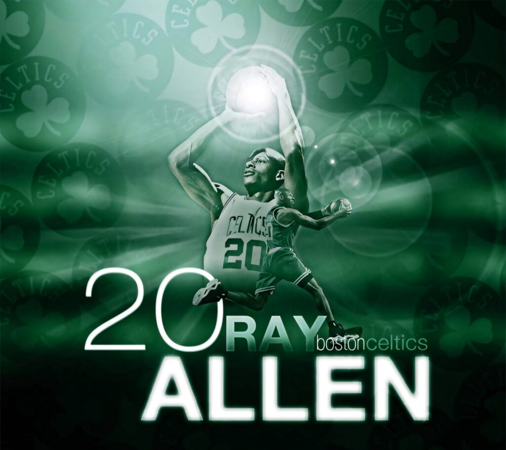 Ray Allen Celtics wallpaper showing dynamic action in green jersey with Celtics logo spotlight