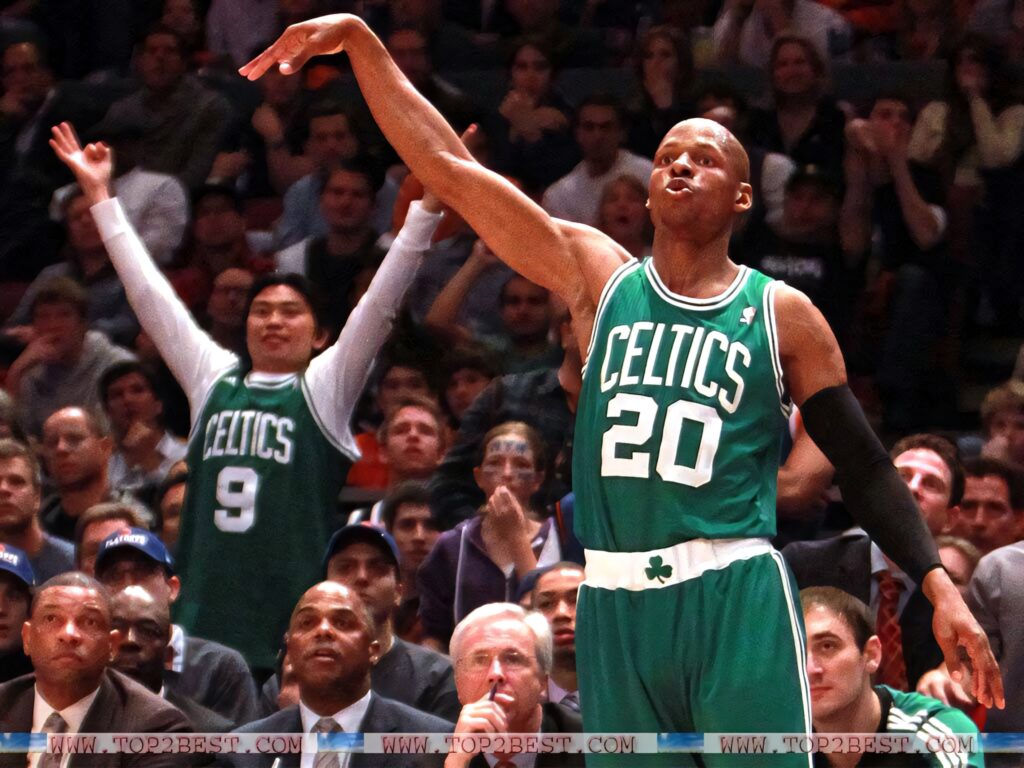 Ray Allen Celtics jersey 20 shooting follow-through gesture NBA basketball court fans wallpaper