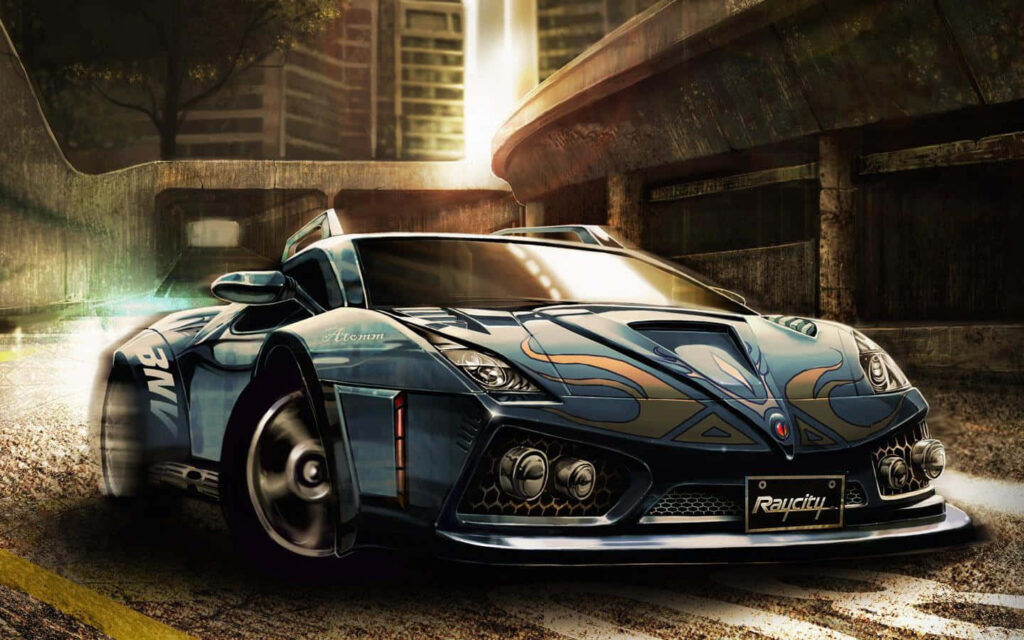 Blue Raycity car speeding through urban cityscape with vibrant graffiti and dynamic lighting Wallpaper