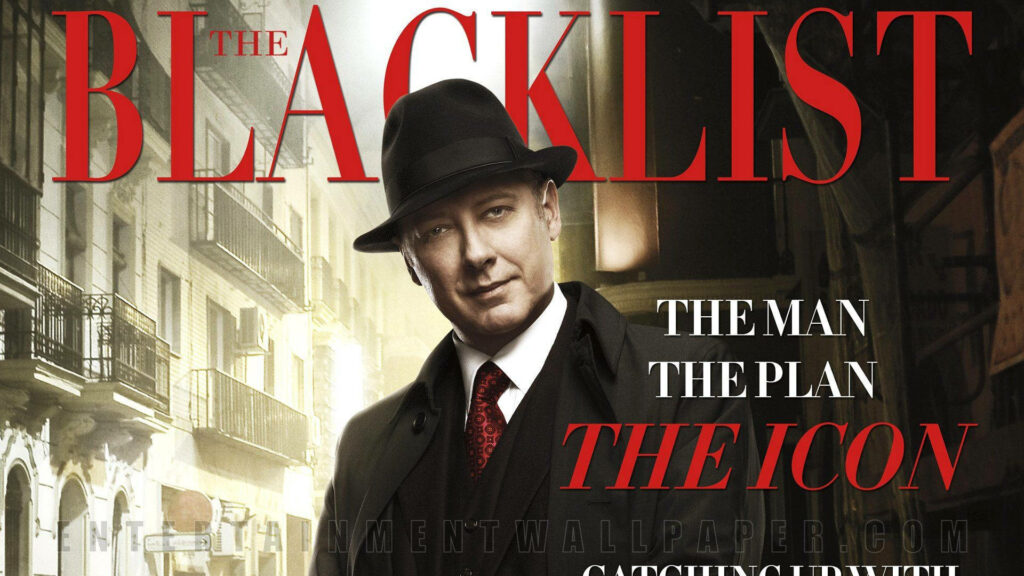 Raymond Reddington in sharp suit and hat on The Blacklist magazine cover with urban backdrop Wallpaper
