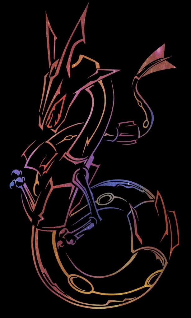 Minimalist Rayquaza line art wallpaper with cosmic nebula gradient perfect for OLED screens