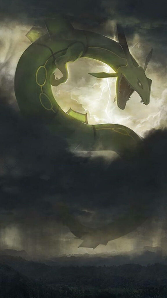Gazing into the Depths: Rayquaza, the Enormous Green Dragon, Emerges in a Sinister, Mysterious Lair - Pokemon HD Supreme Landscape Wallpaper