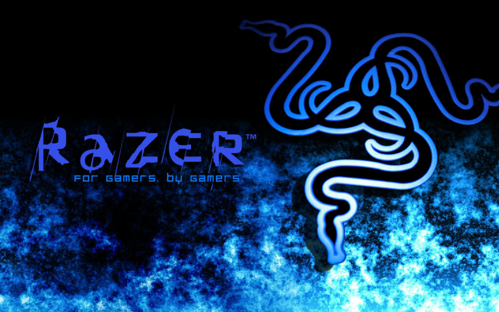 Flaming Razer: A High-Definition Blue Background with the Iconic Logo and Brand Name Wallpaper