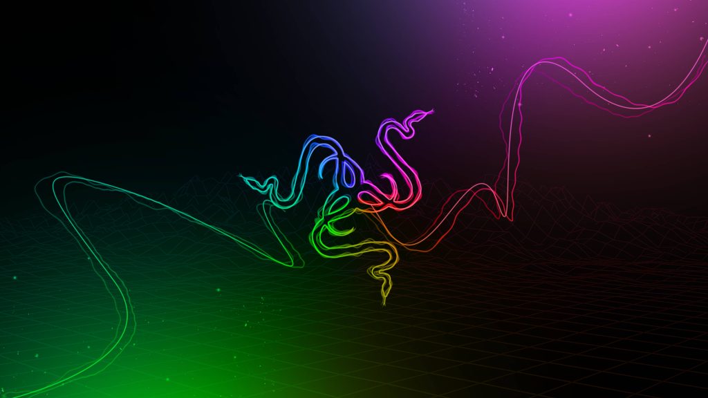 Razer triple-headed snake logo glowing in RGB neon over dark retro-futuristic wireframe grid Wallpaper