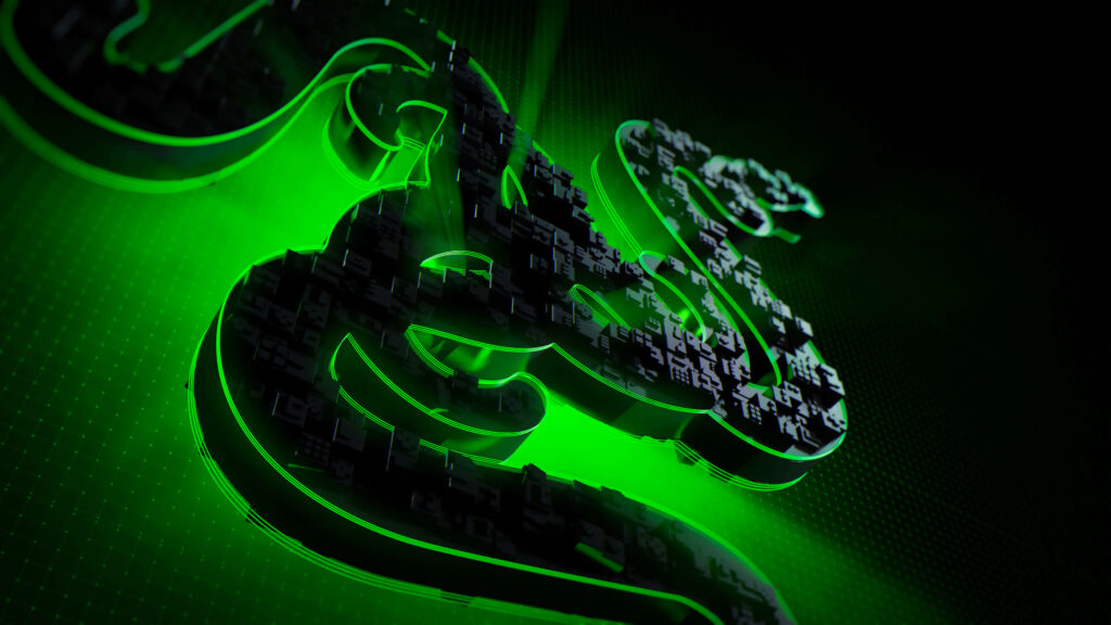 Immersive Razer PC Background: A Striking 3D Render of the Razer Logo, Composed of Stylish Black Blocks Illuminated by Vibrant Neon Green Lights Wallpaper
