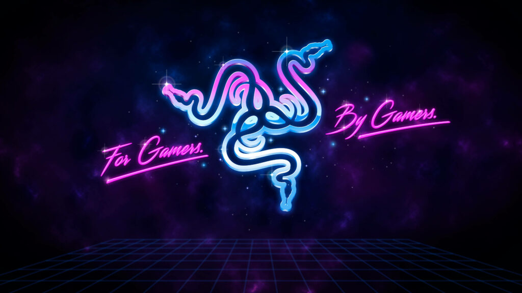 Galactic Gaming Vibes: A Stunning Razer Logo in 3D, Centered with the Text 'For Gamers, By Gamers' for Your 4K Laptop Background Wallpaper