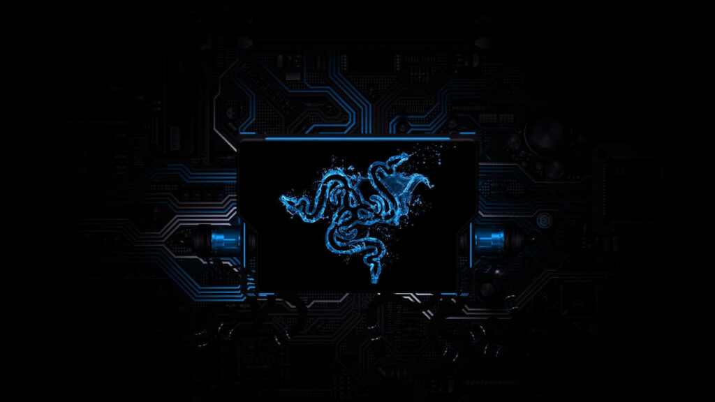 4K Razer logo neon blue liquid splash on dark circuit board background gaming wallpaper